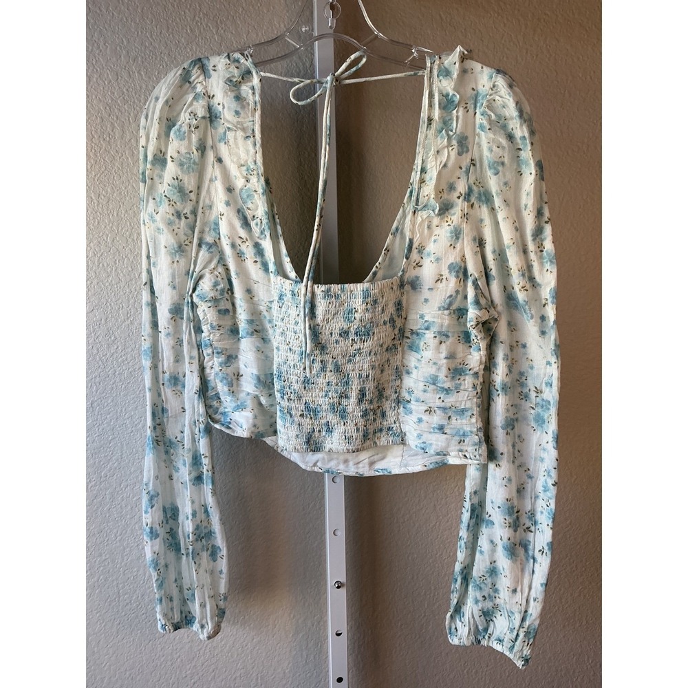 Free People Ivory Combo Floral Puff Sleeve Crop Blouse NWT Large Cottagecore - Picture 7 of 8